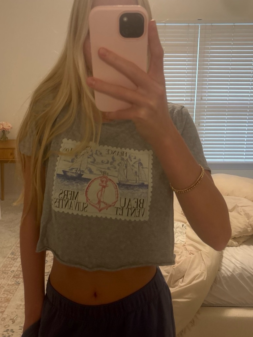 Gray Graphic Cropped Tee with Nautical Stamp Print